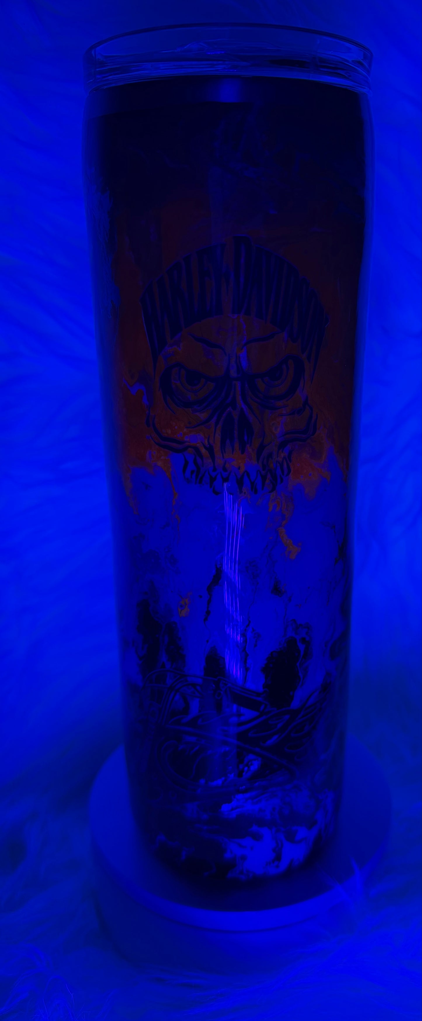 #707. 30 oz Skinny with Orange & Black Motorcycle with GLOW