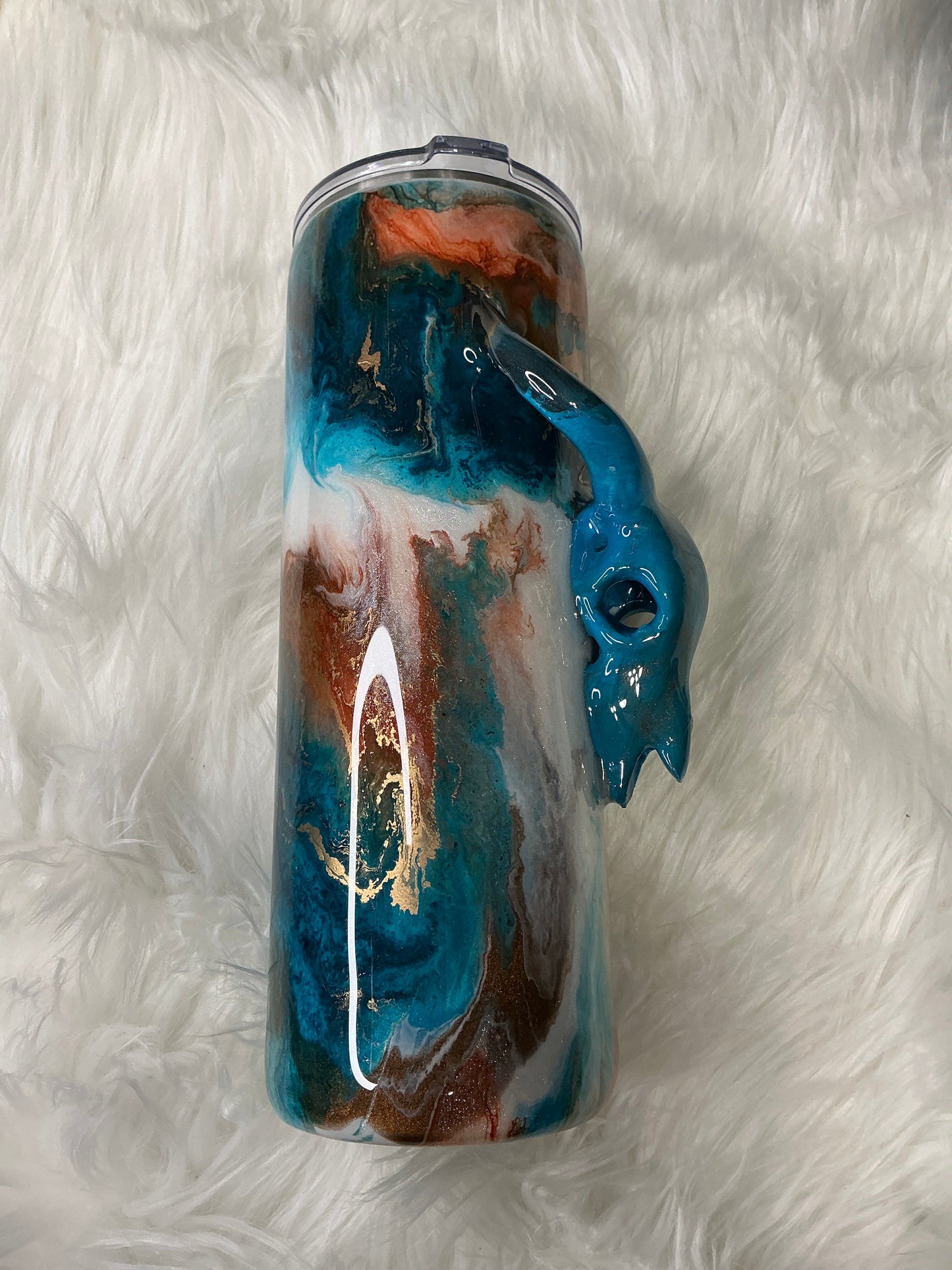 #625 20 oz Skinny - Western Marble with a Teal Skull