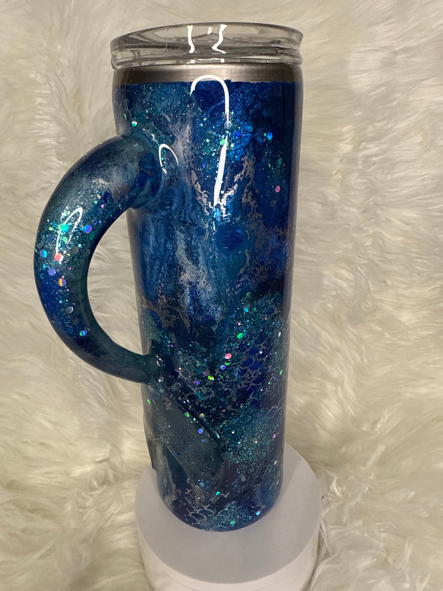 #702. 30 oz skinny tumbler with 3-D Mermaid Tail “I Will Not Be Stopped”