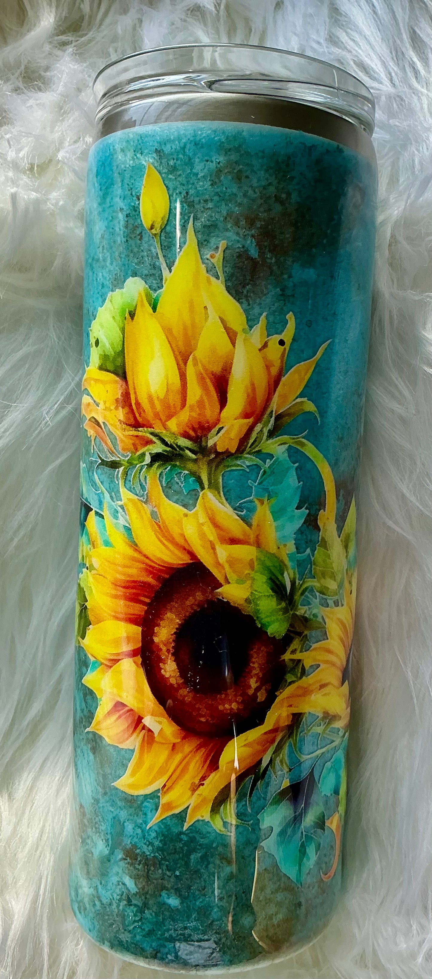 #106. 20 oz Skinny - Turquoise Patina with Sunflowers