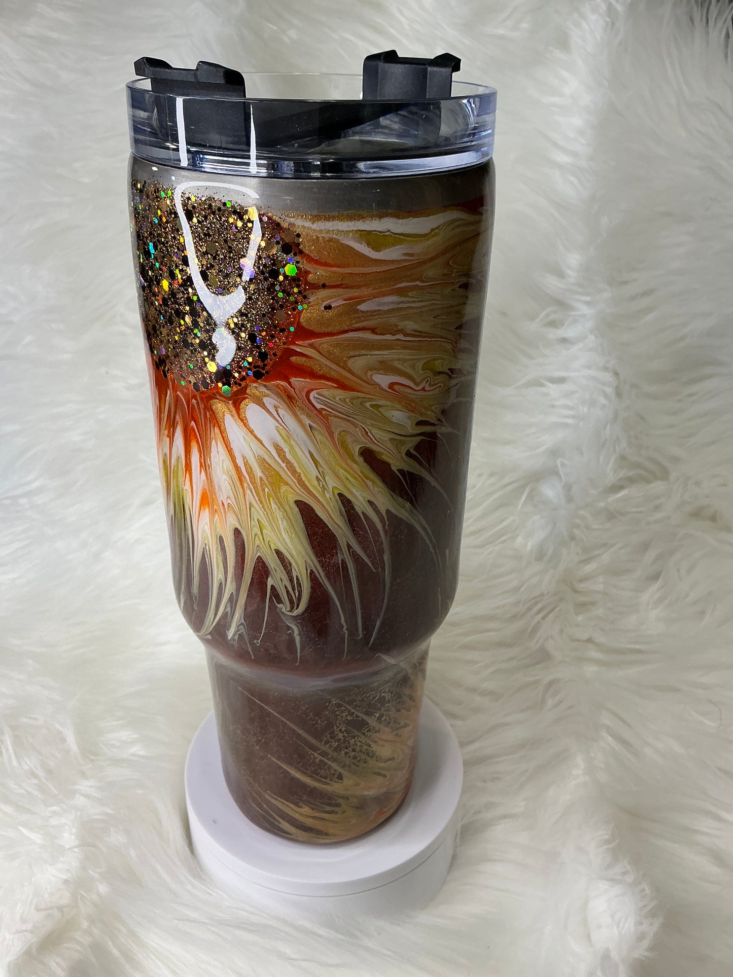 #689. 40 oz Traveler in a Burgundy Patina Sunflower