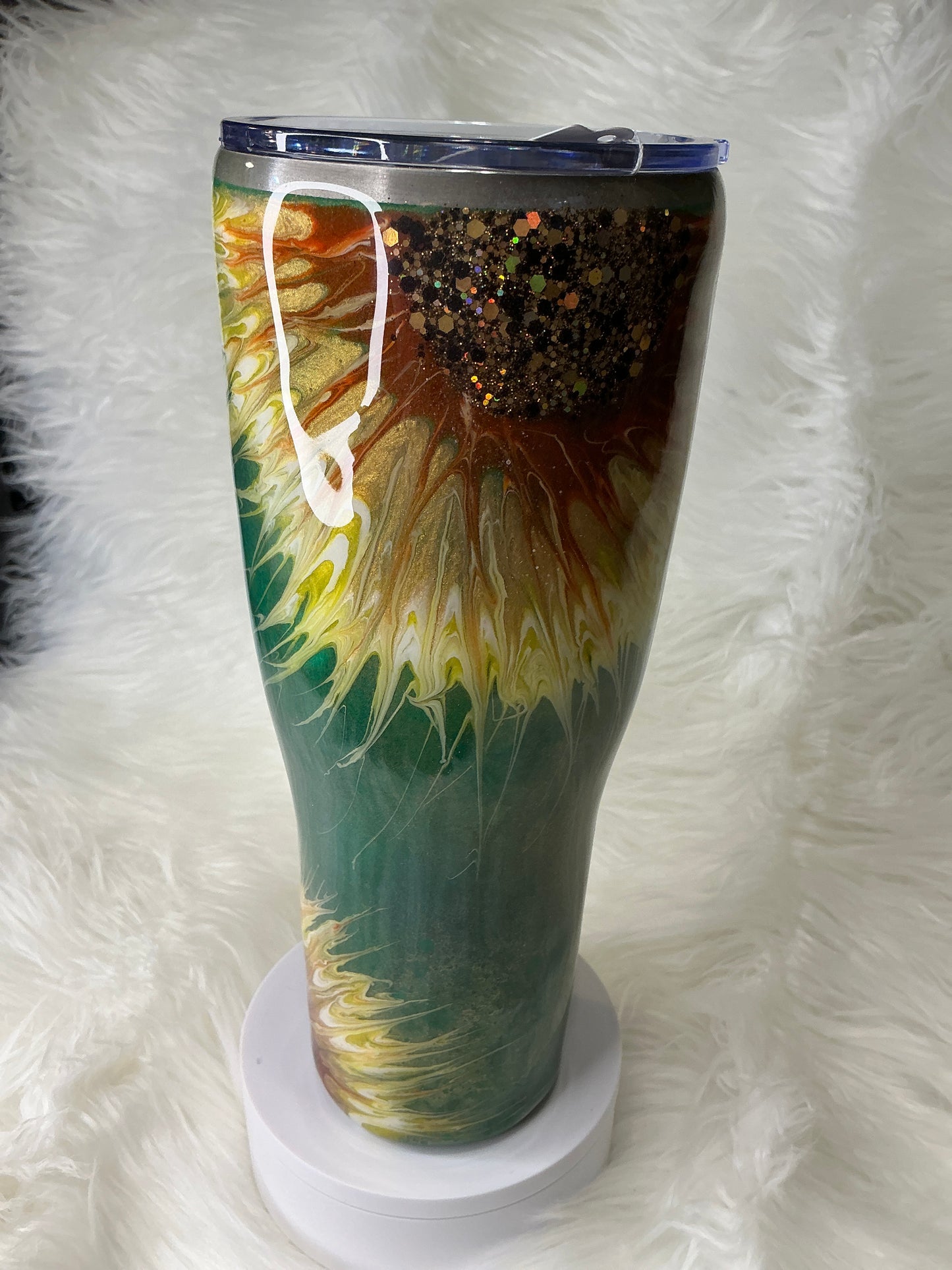 #691. 40 oz Modern Curve in a Green Patina Sunflower