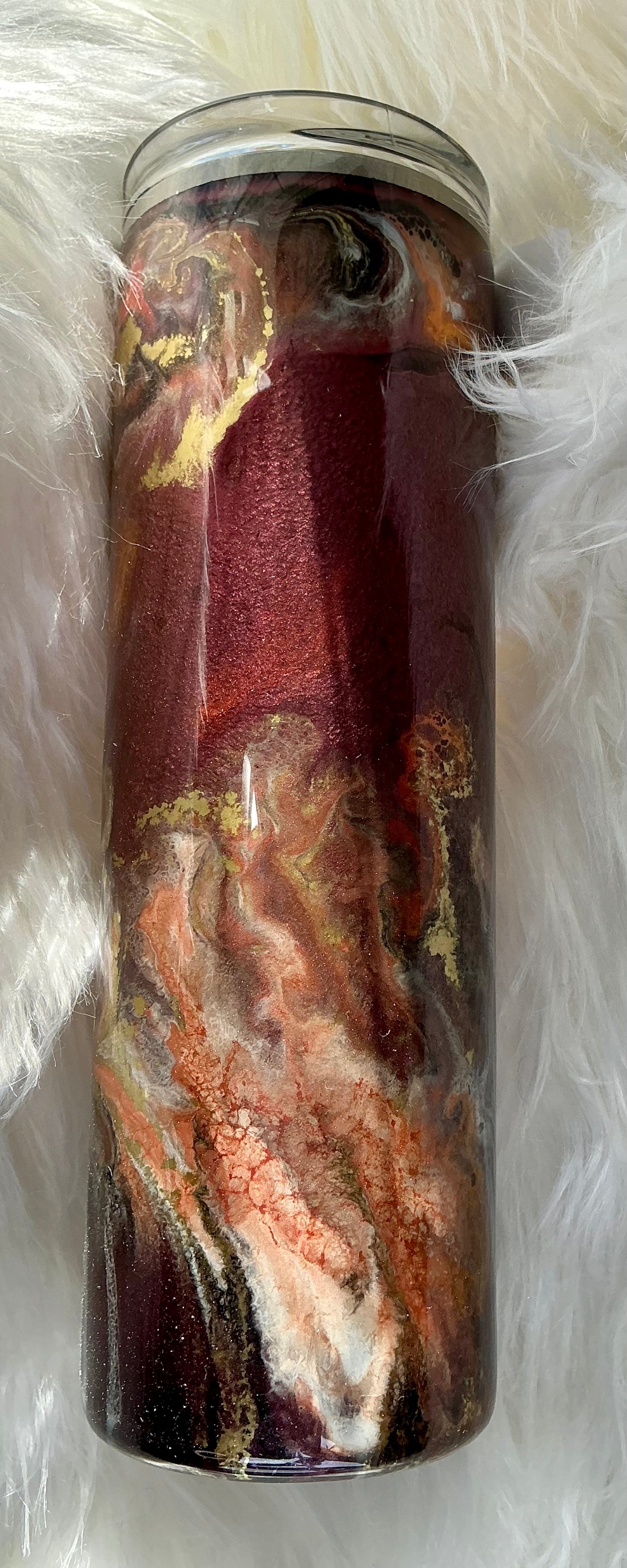 #324. 30 oz Skinny Burgundy Base with Orange, White, and Gold Swirl