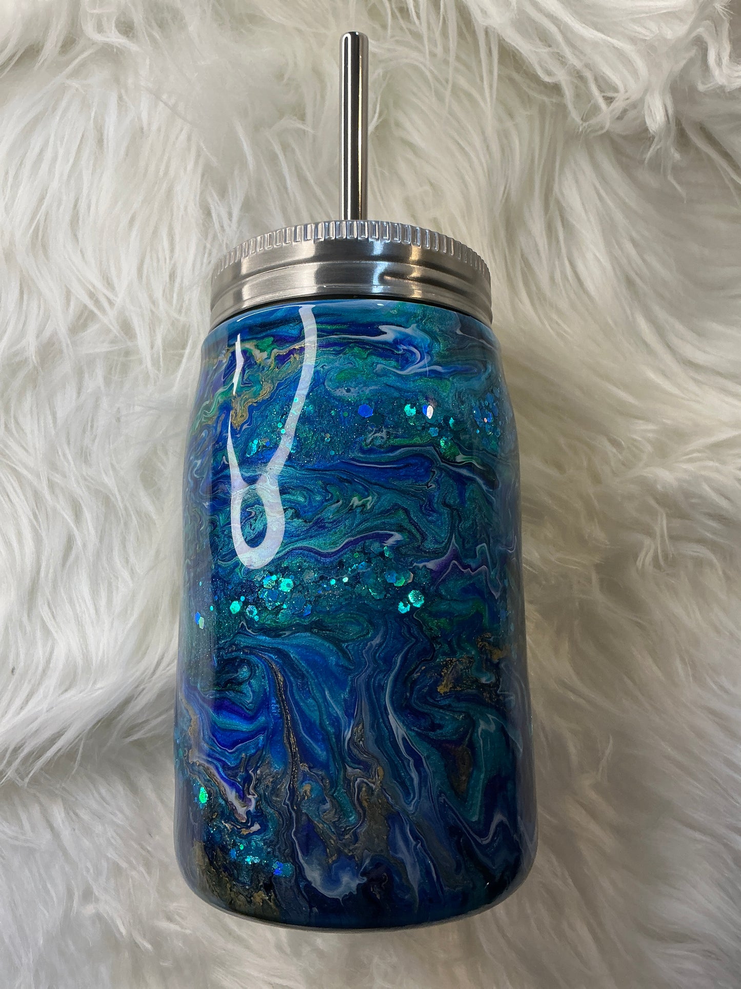 #635. 17 oz Mason Jar in Blue, Green, & Purple Swirl