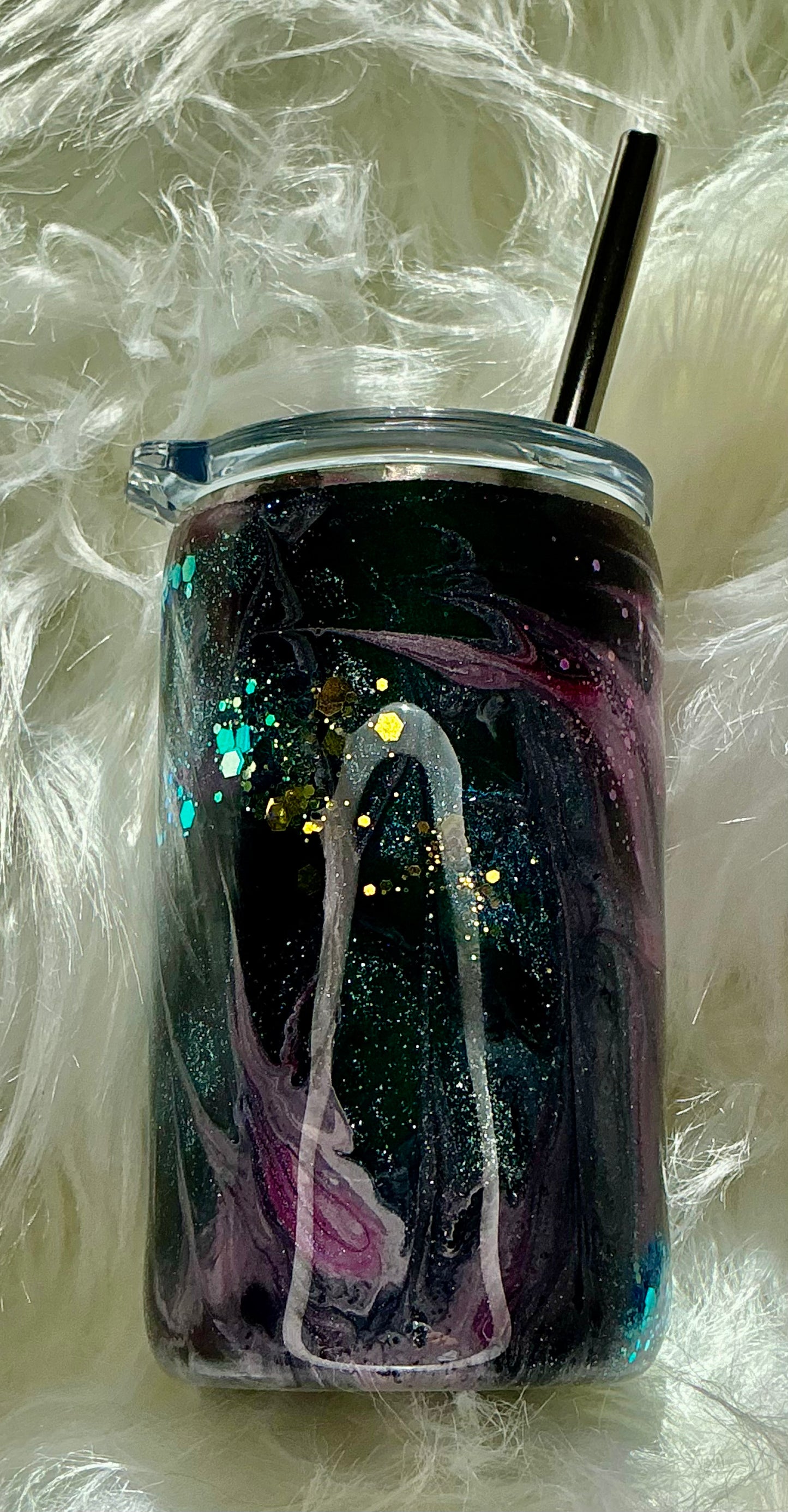 #132. 3oz Shot Glass Suspension Technique with a Black Base, Pink, and Purple Inks