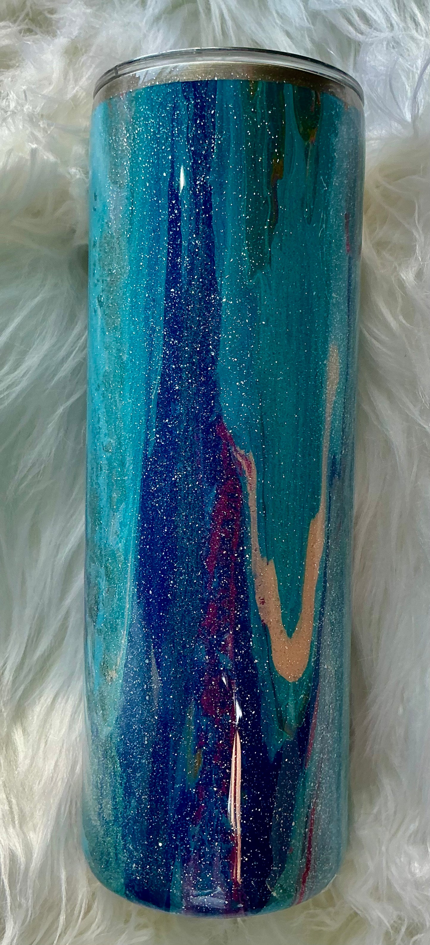 #113. 20 oz Skinny - Dirty Pour Technique in Blue, Teal, Tan, and a Shimmer Finish