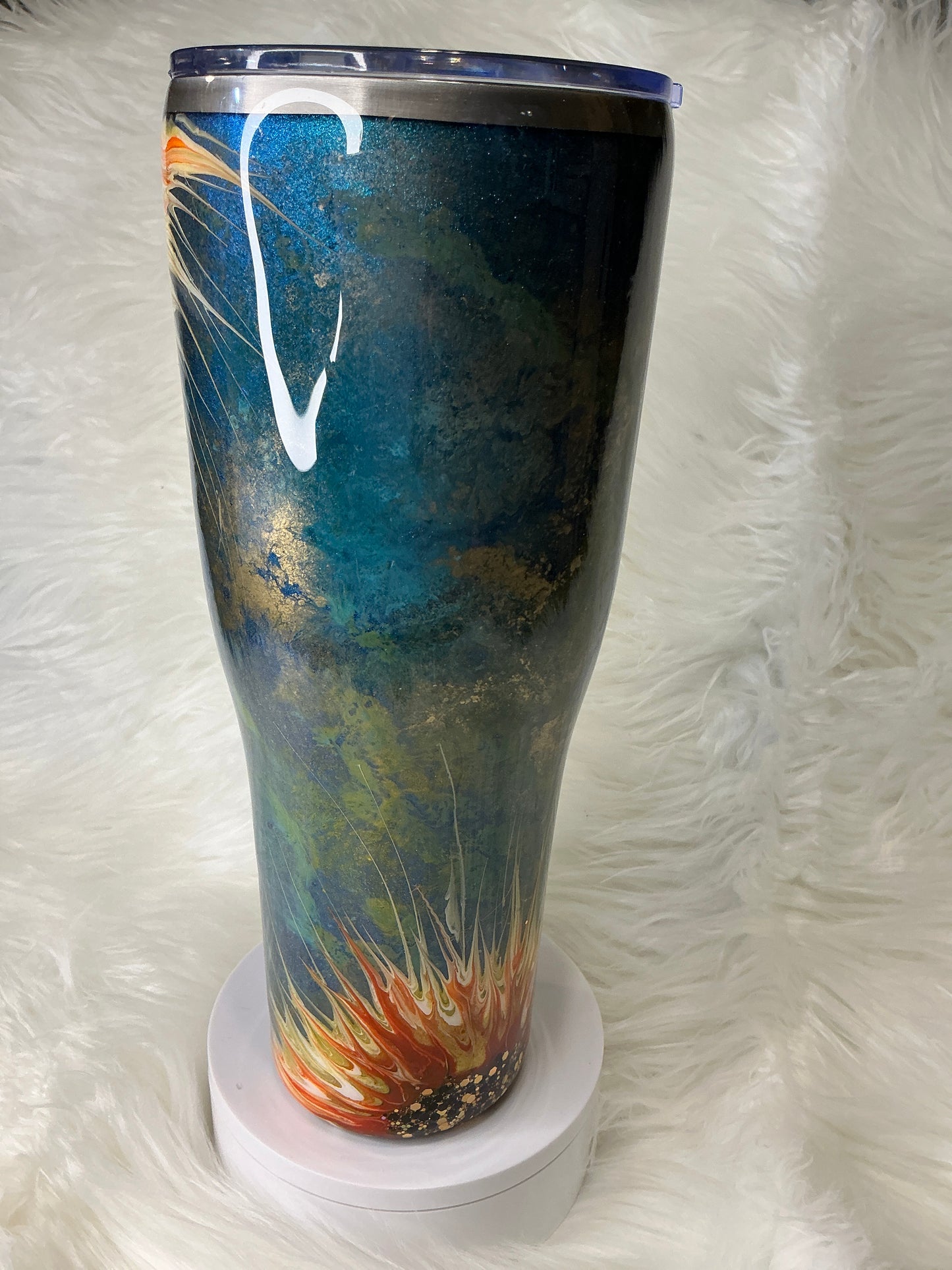 #687. 40 oz Modern Curve in a Teal Patina Sunflower