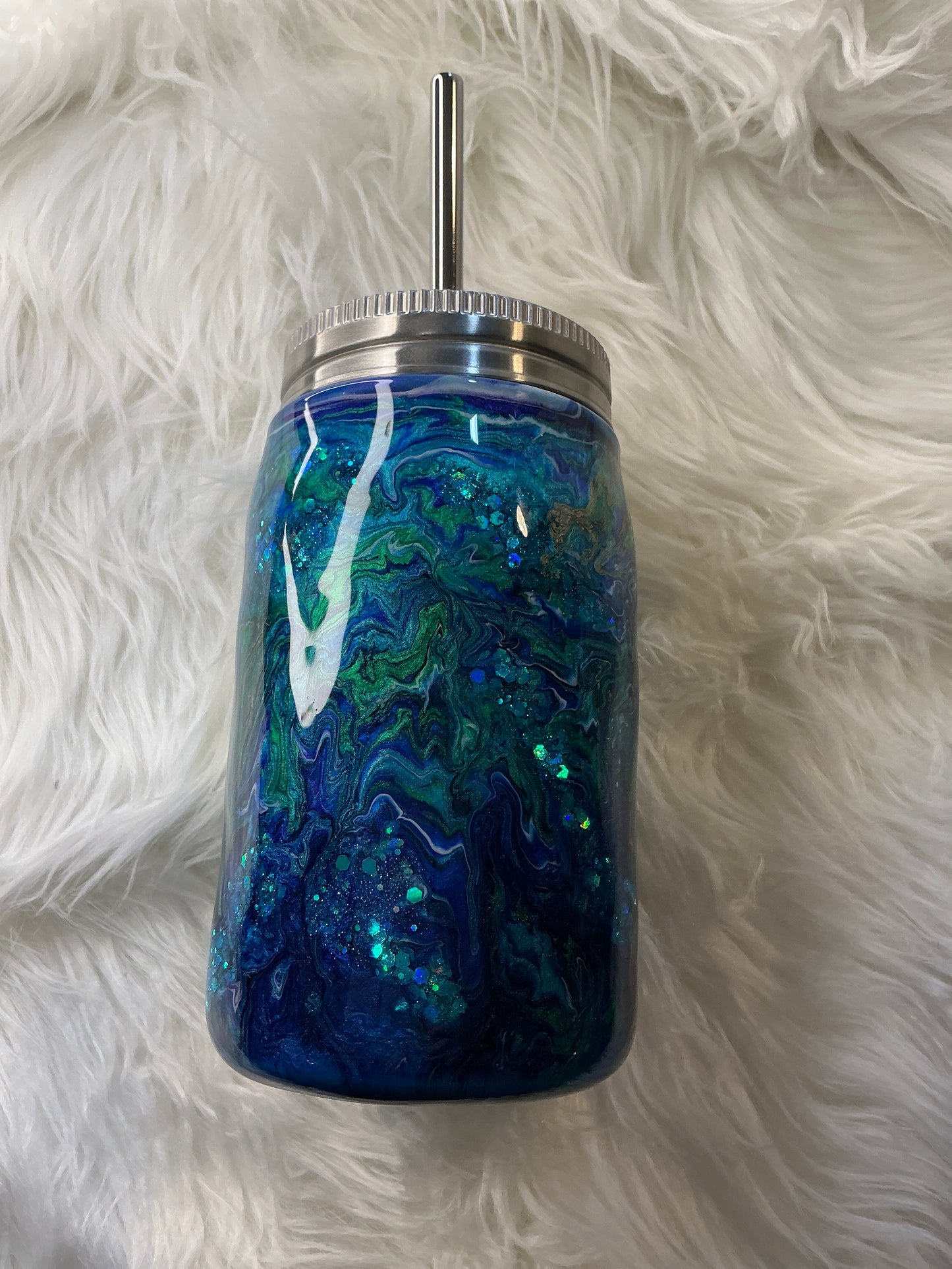 #635. 17 oz Mason Jar in Blue, Green, & Purple Swirl