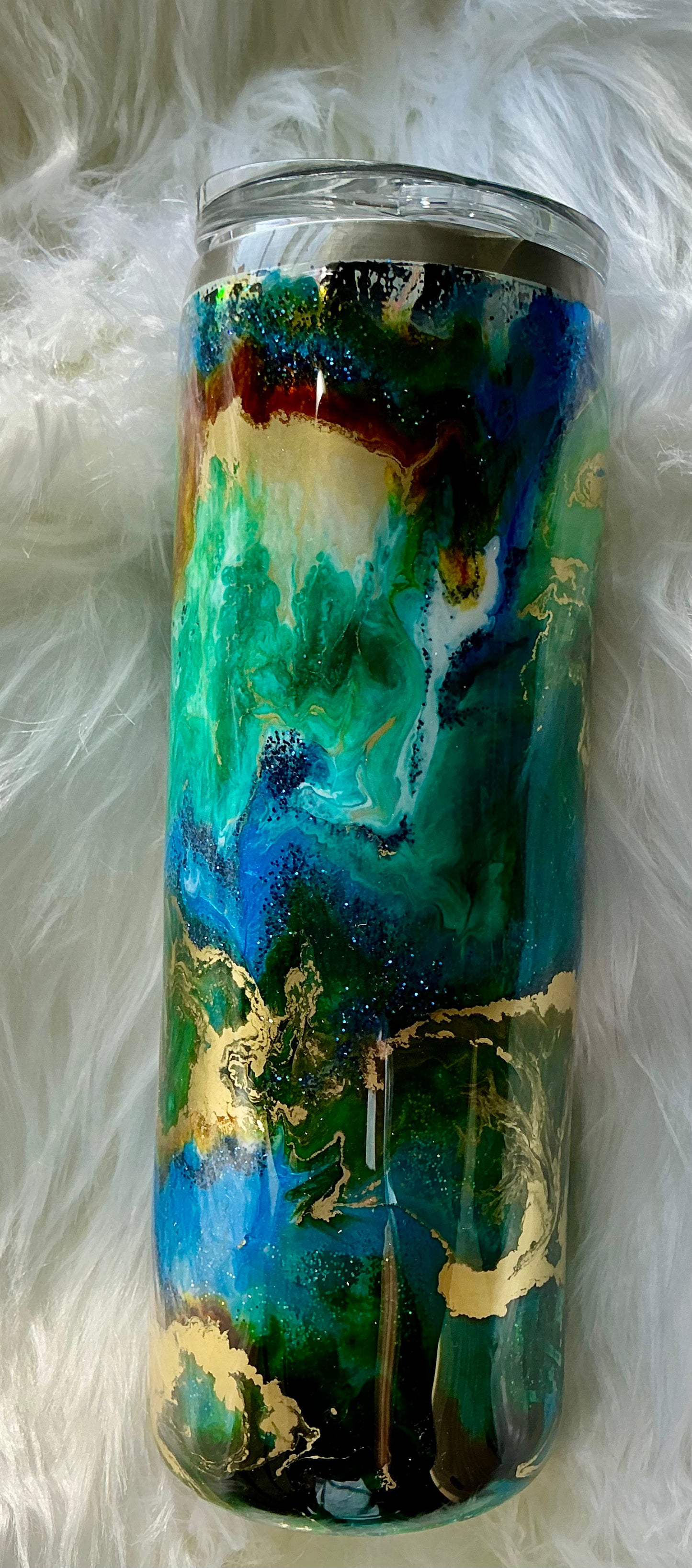 #114. 20 oz Skinny - Blue and Green Ink Swirl Over Zebra Print Foil
