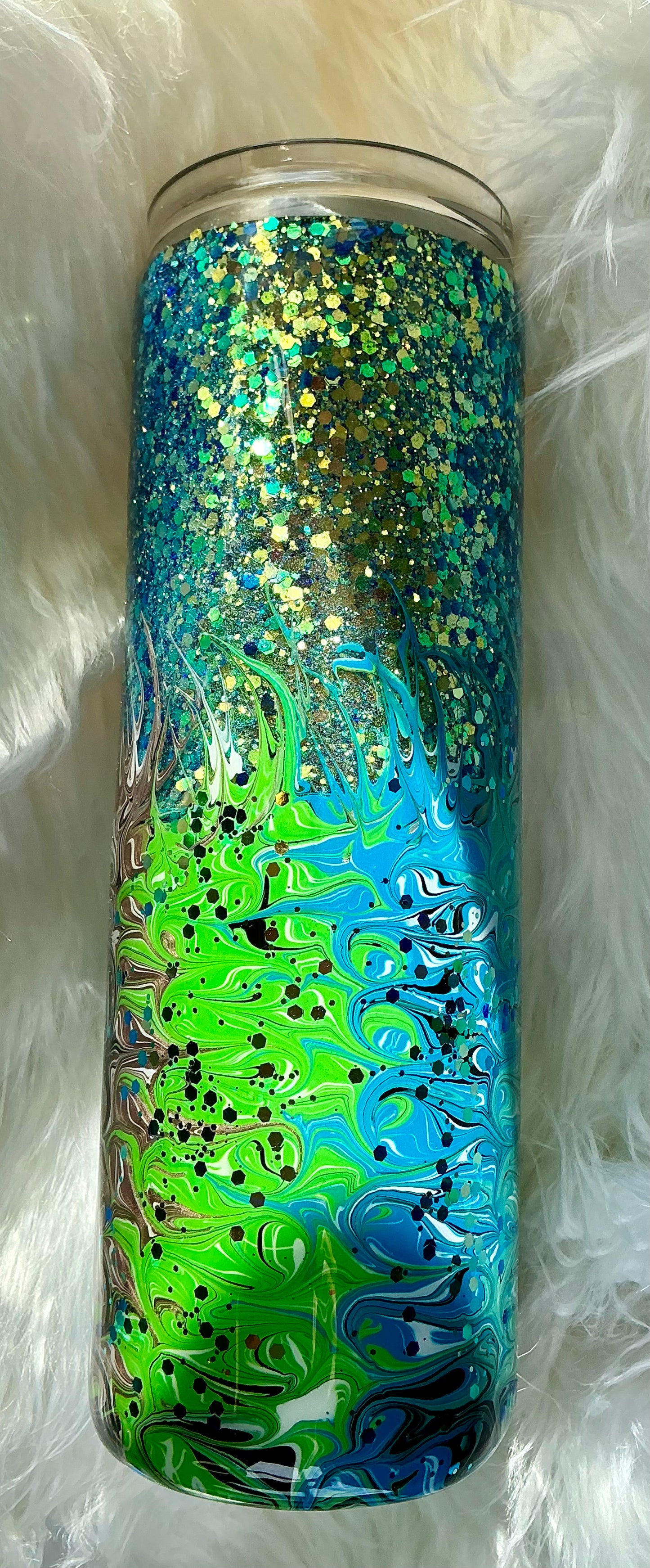 #66. 30 oz Skinny with a Glitter Base and Bouji Swirl Technique