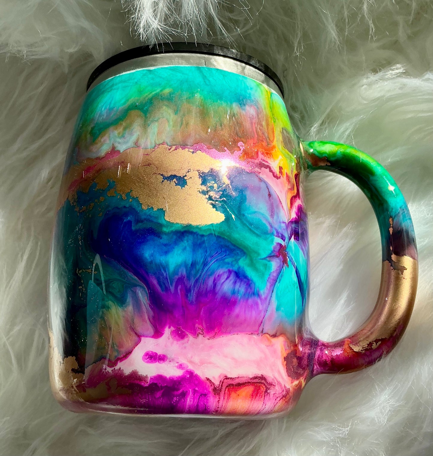 #206. 14oz Coffee Mug - Ink Swirl with Vibrant Pops of Color