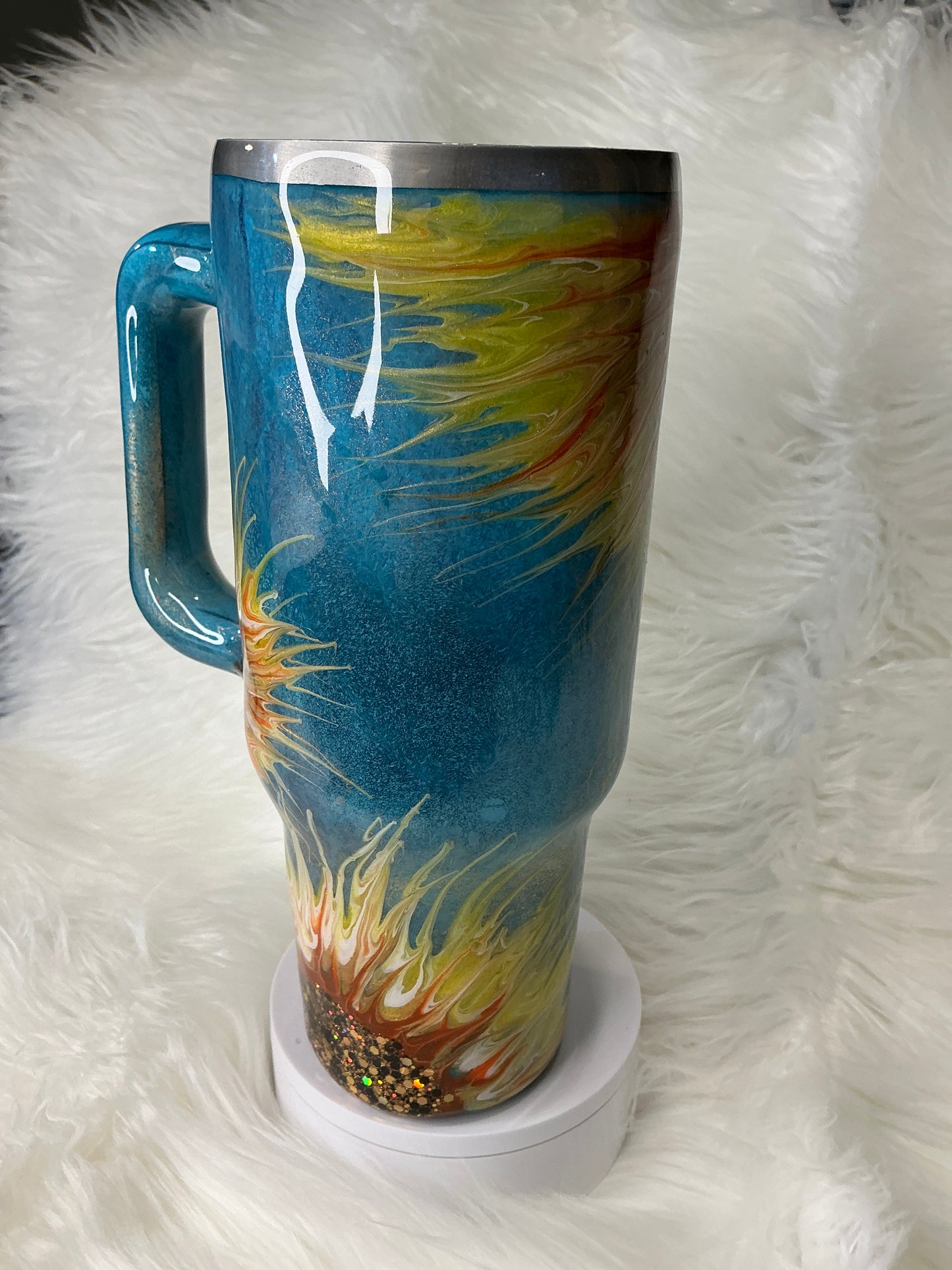 #686. 40 oz Traveler in a Teal Patina Sunflower