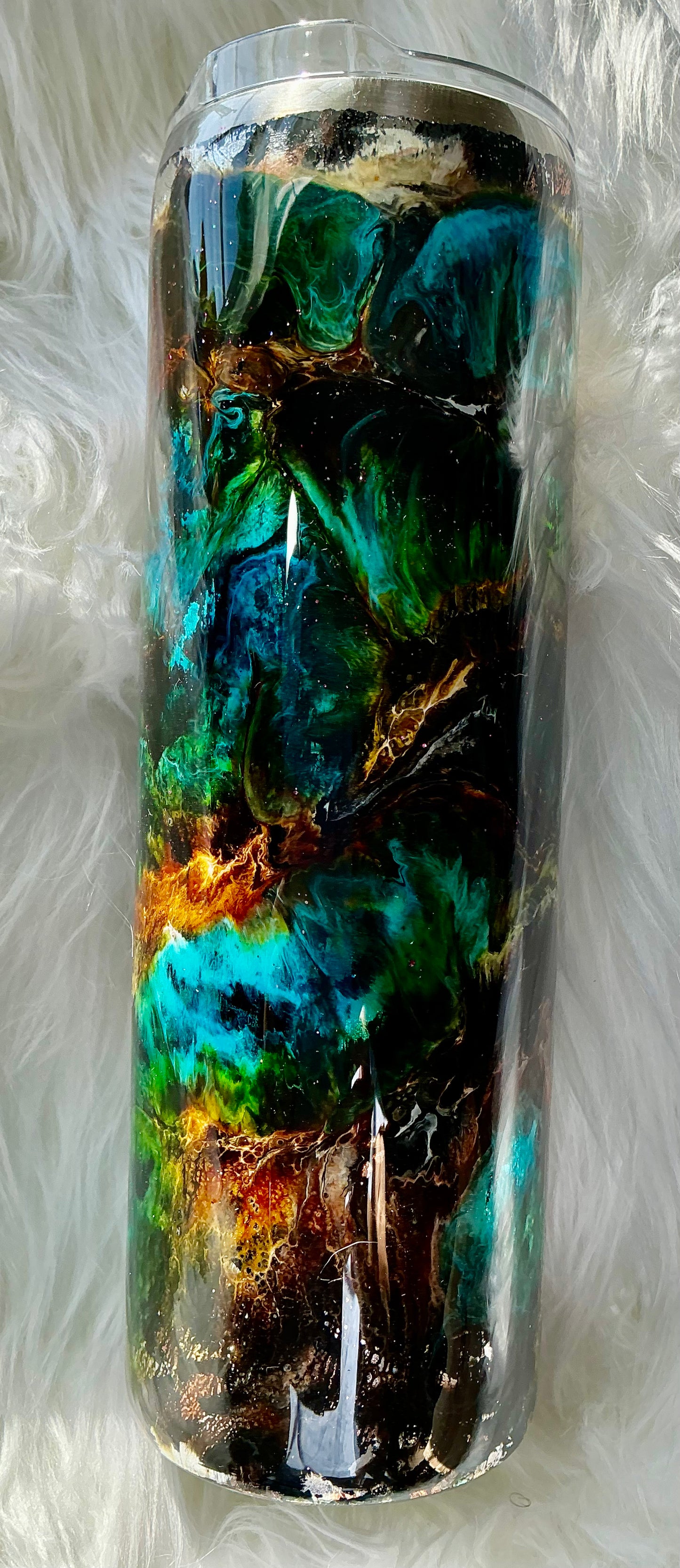 #62. 30 oz Skinny with Blue, Green, Brown inks over Leopard Print Foil