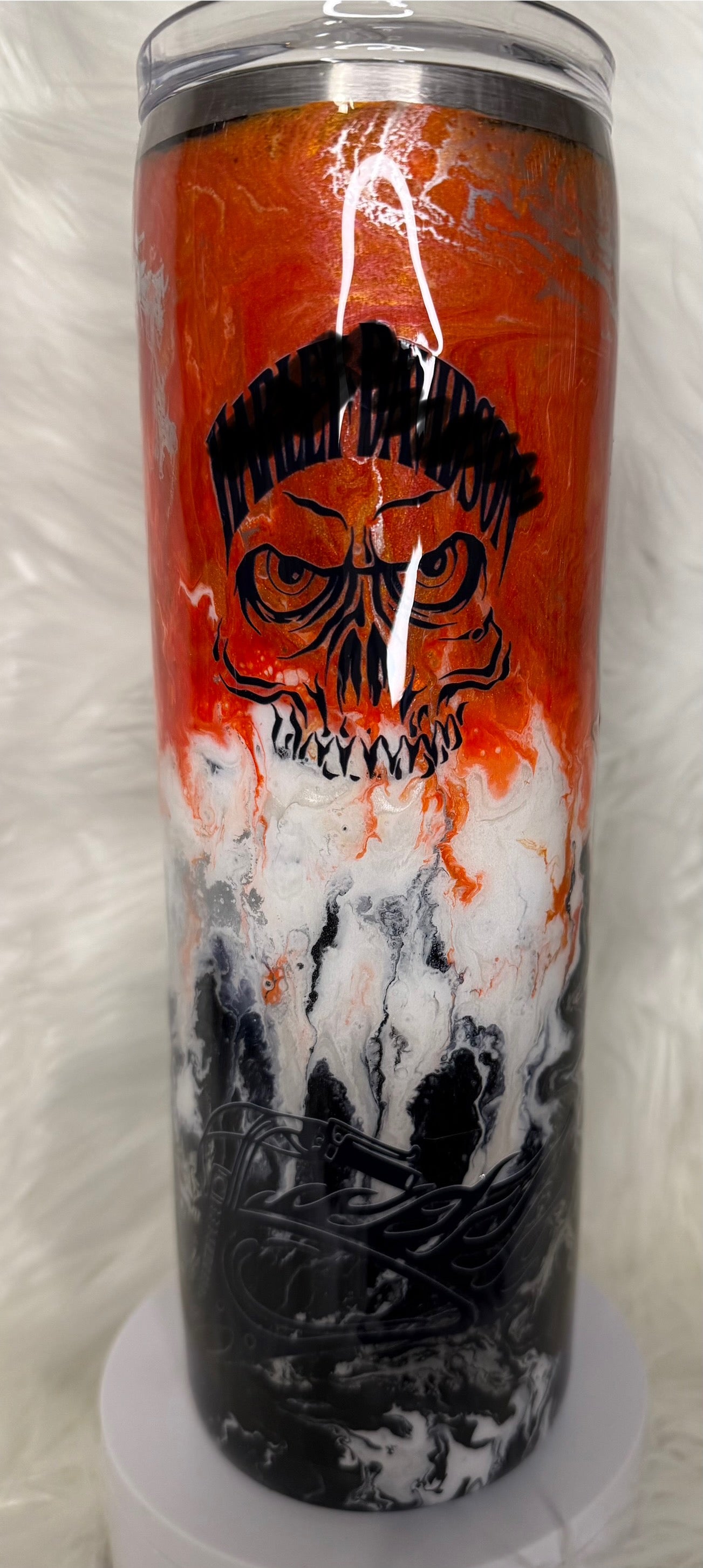 #707. 30 oz Skinny with Orange & Black Motorcycle with GLOW