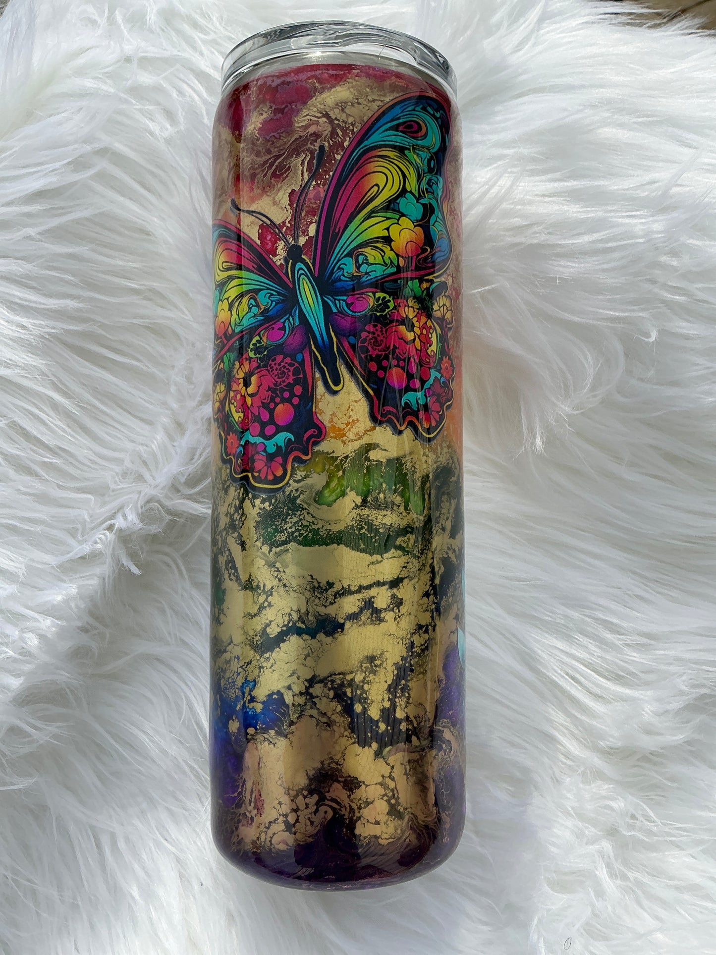 #314. 30 oz Skinny - Layered Rainbow Ink Drop with Butterflies