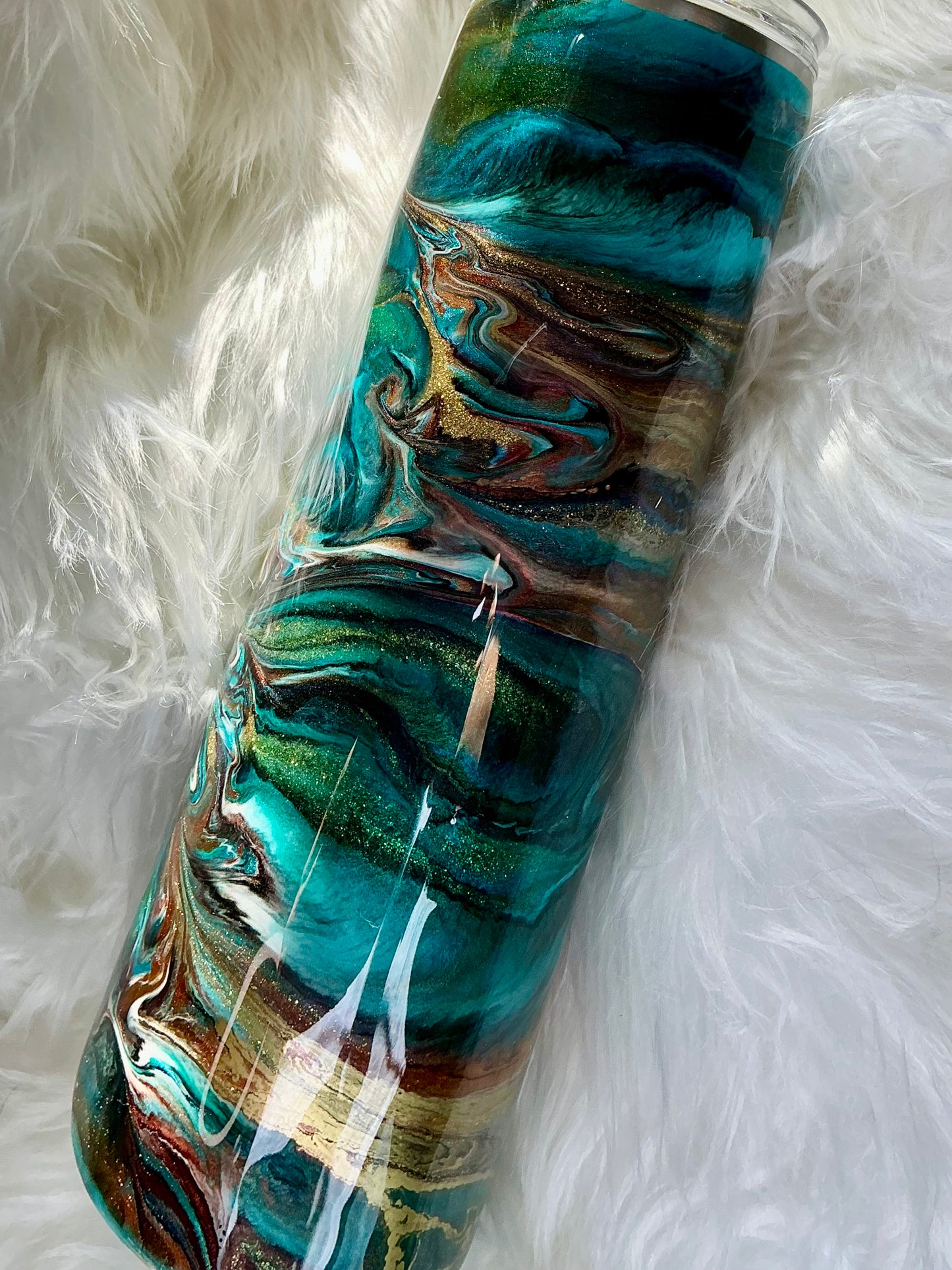 #75. 30 oz Skinny in Layers of Green, Teal, Browns, and Gold