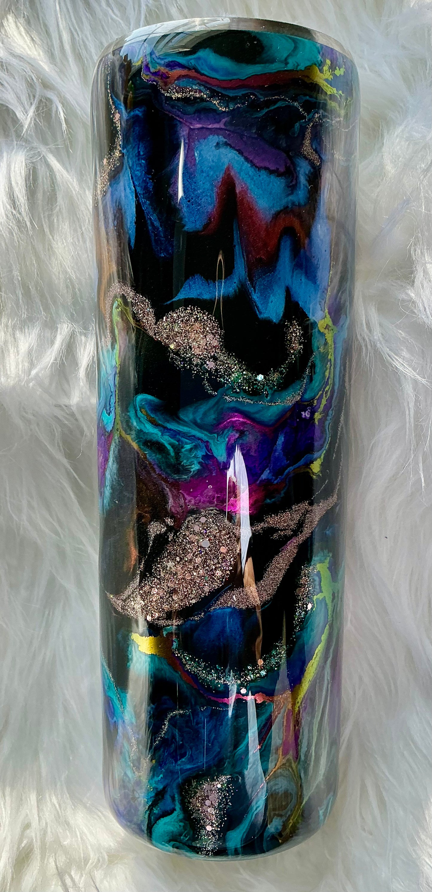 #65. 30 oz Skinny with in a Suspension Technique in Pinks, Teals, and Gold Glitter