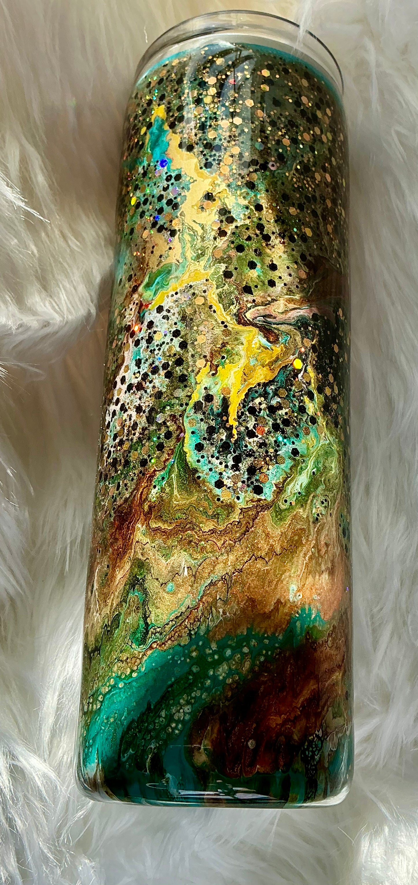 302. 30 oz Skinny in Green, Brown, Gold with Chunky Glitter