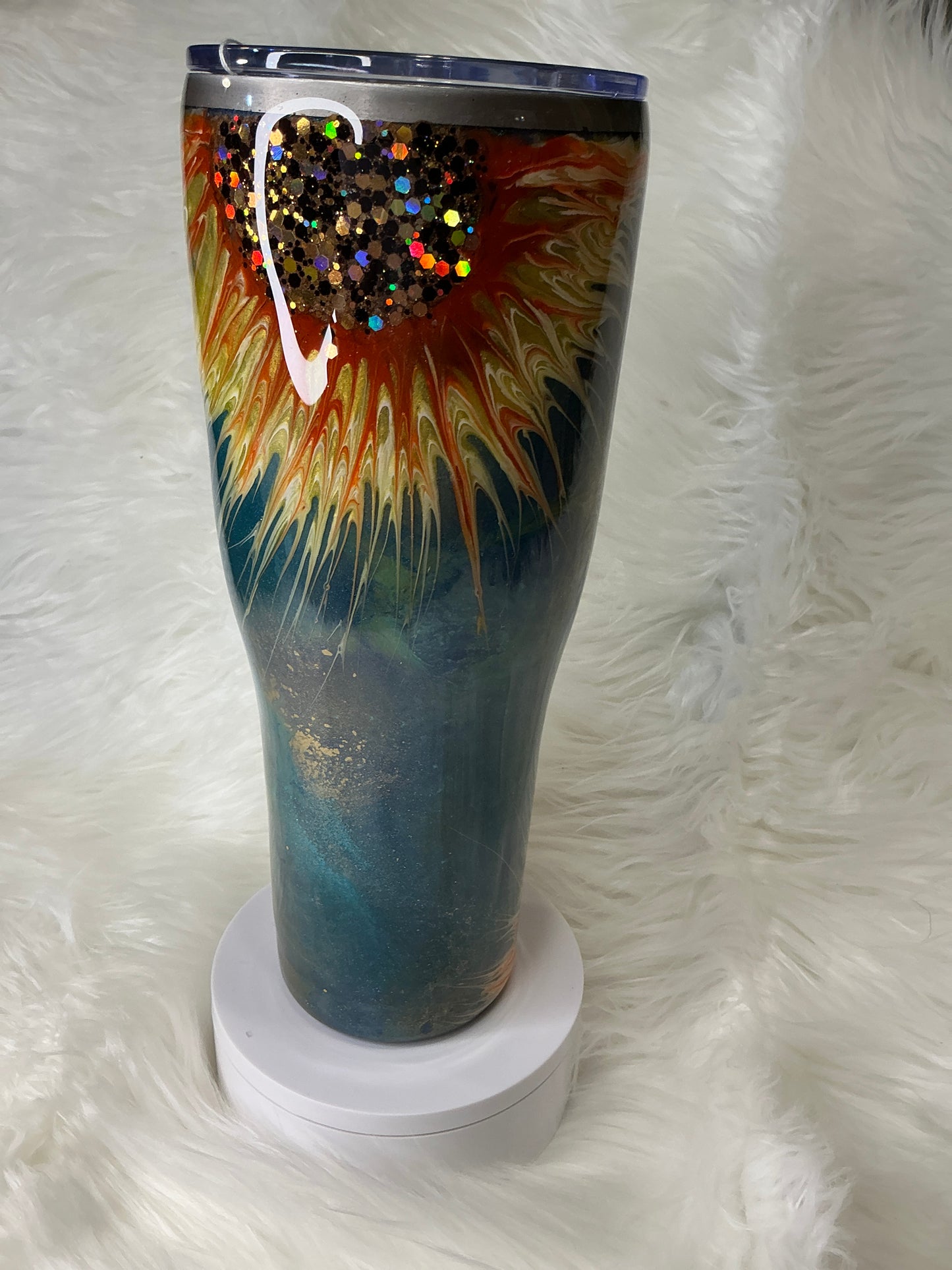 #687. 40 oz Modern Curve in a Teal Patina Sunflower