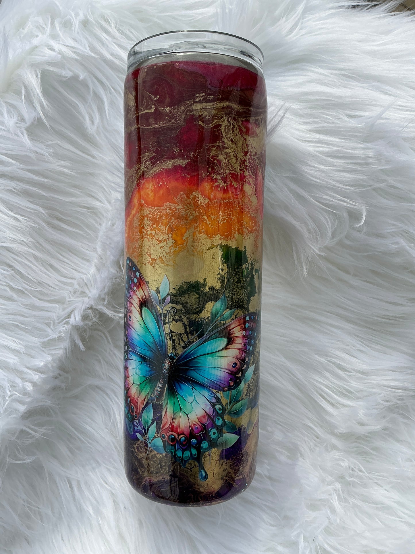 #314. 30 oz Skinny - Layered Rainbow Ink Drop with Butterflies