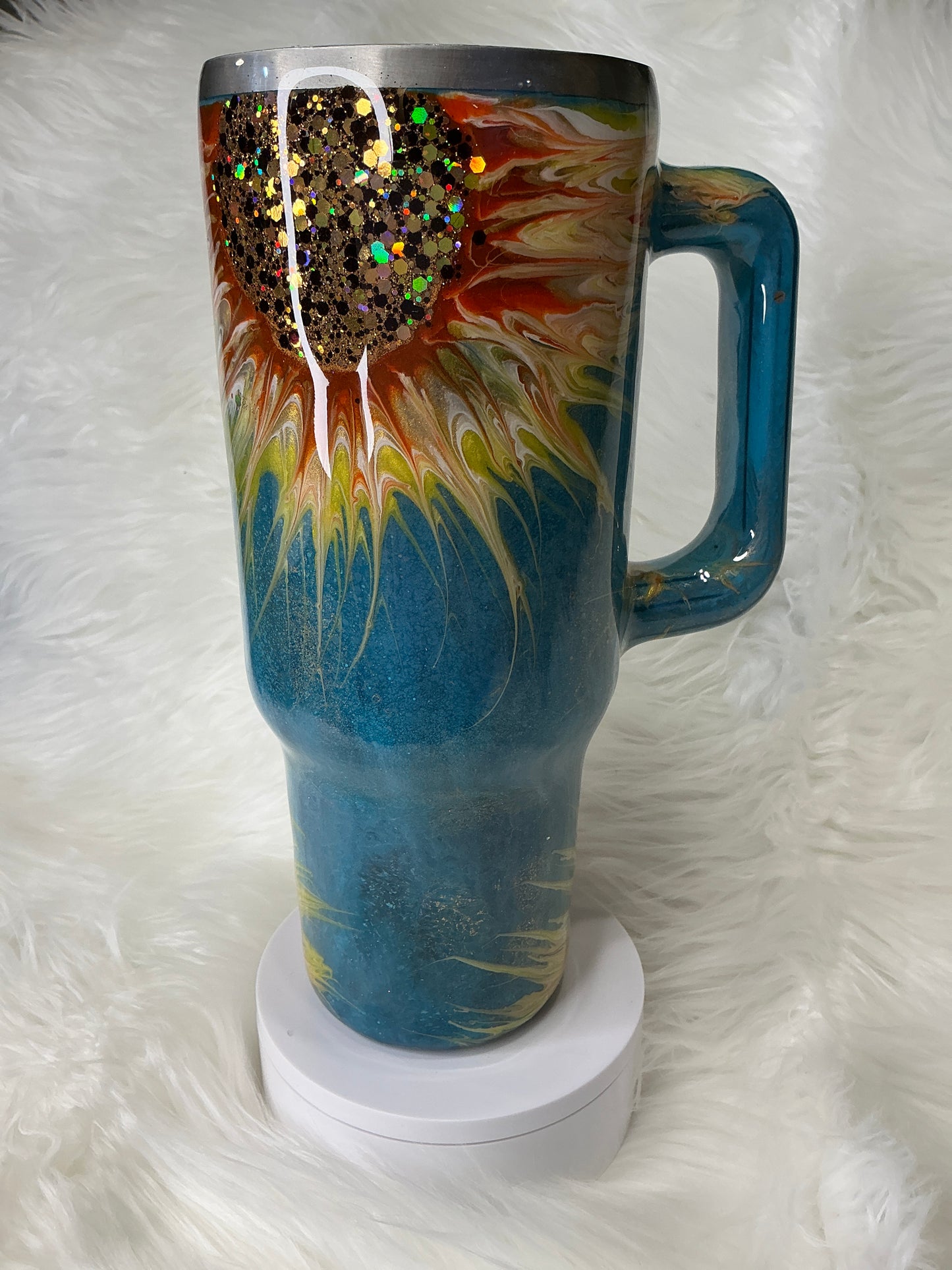 #686. 40 oz Traveler in a Teal Patina Sunflower