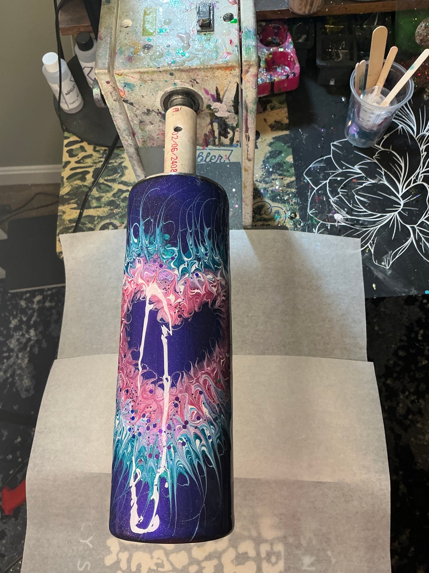 #683. 30 oz Skinny with a Bouji Heart and Purple Base