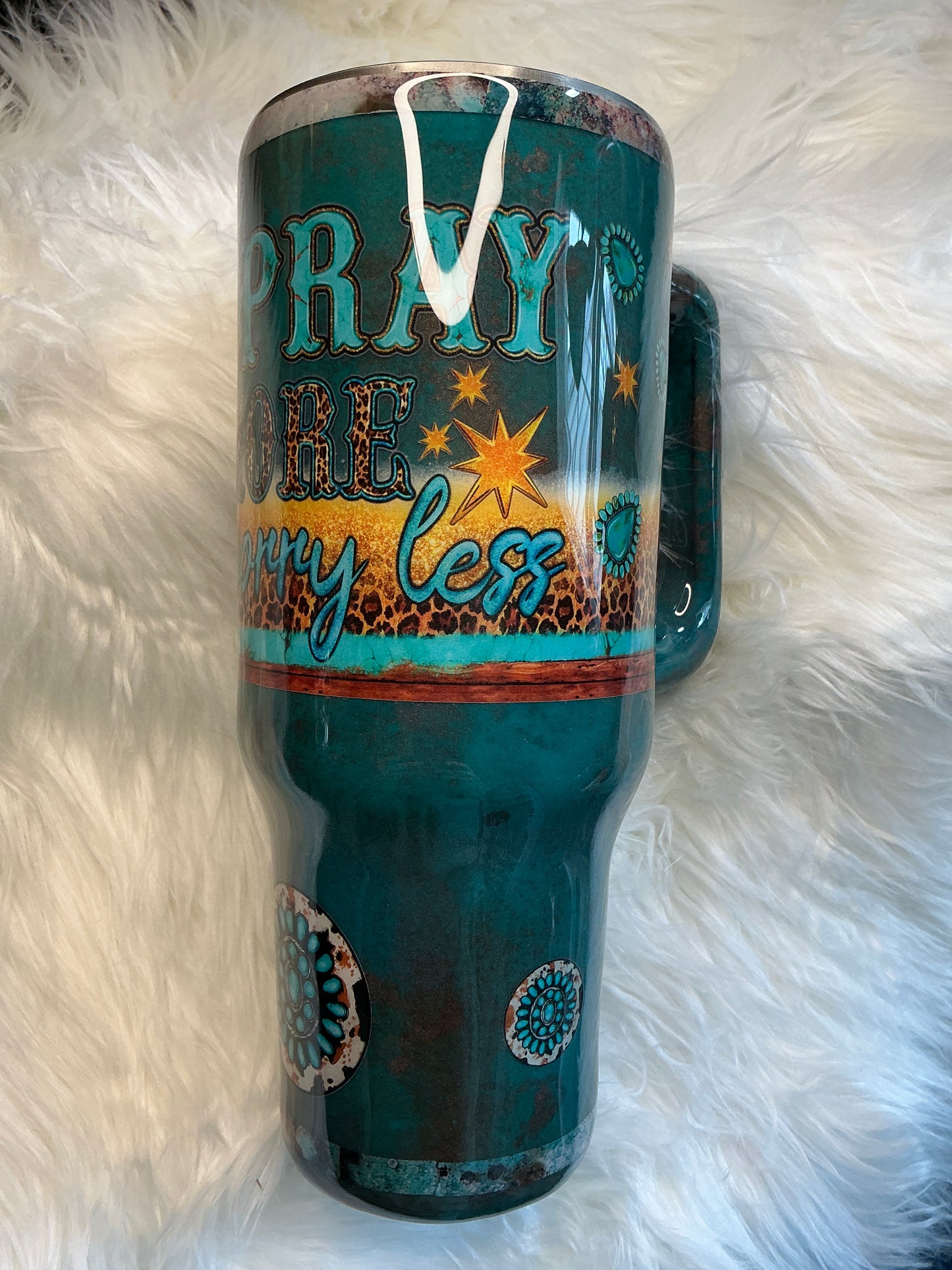 #4.  40 oz Traveler with a Western Patina - Pray More, Worry Less message