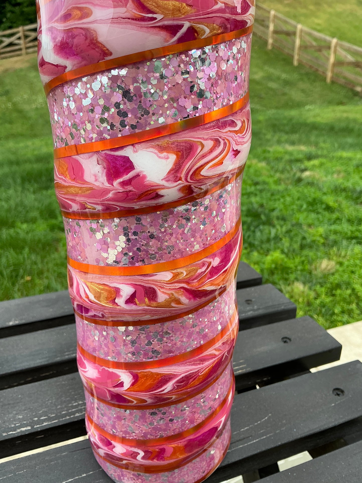 30 oz skinny tumbler with a Pink Glitter Base & Pink, Orange & Coral Swirl