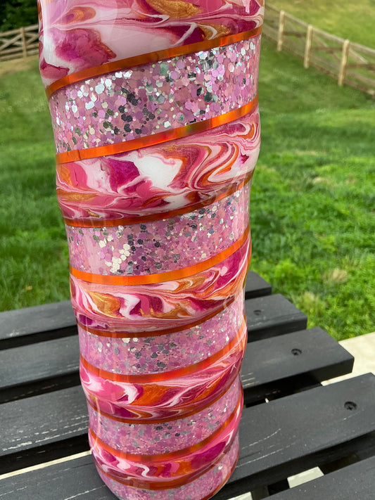 30 oz skinny tumbler with a Pink Glitter Base & Pink, Orange & Coral Swirl