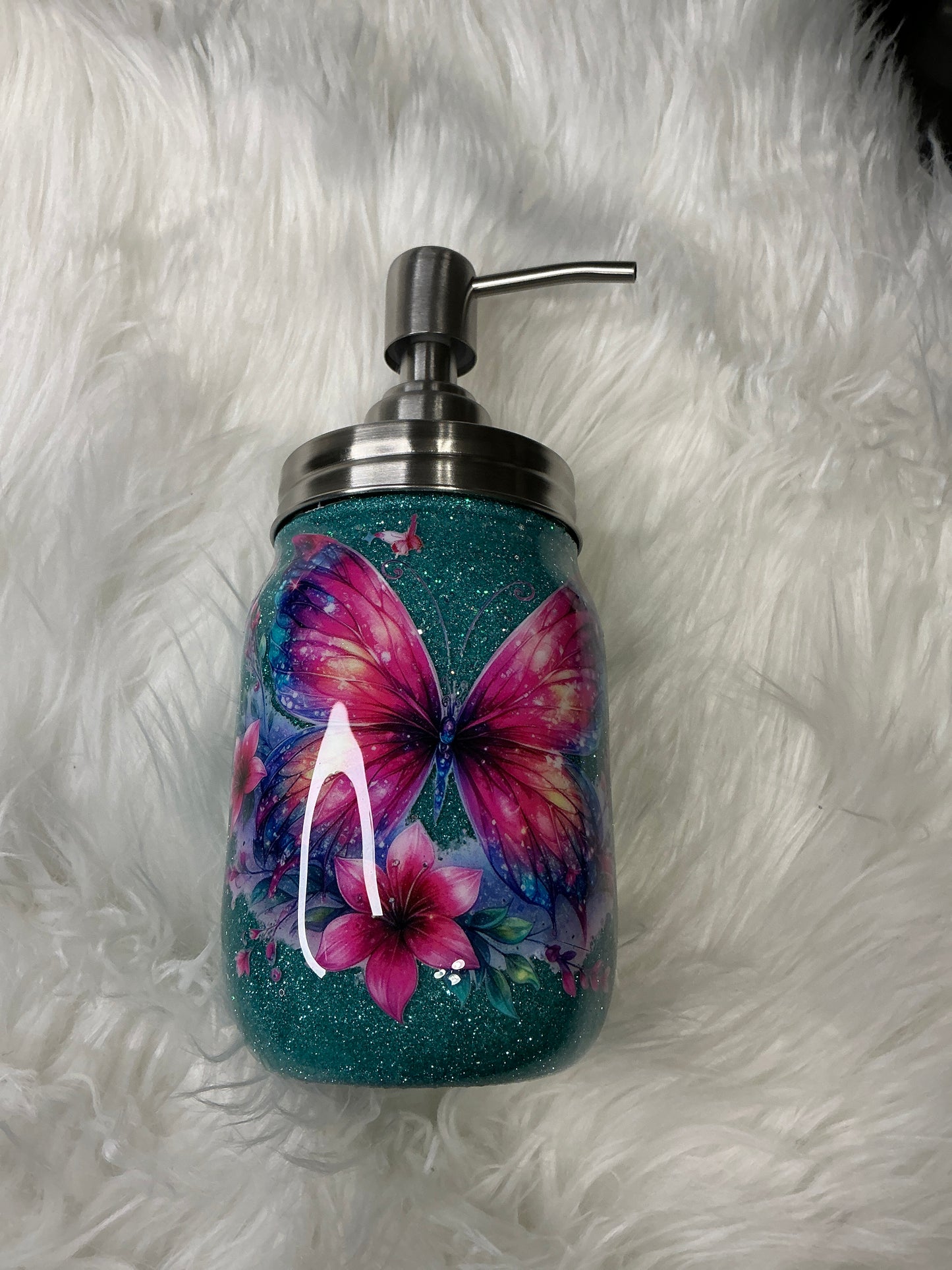 #622. 12 oz Soap or Lotion Dispenser -  Teal Glitter & Butterflies