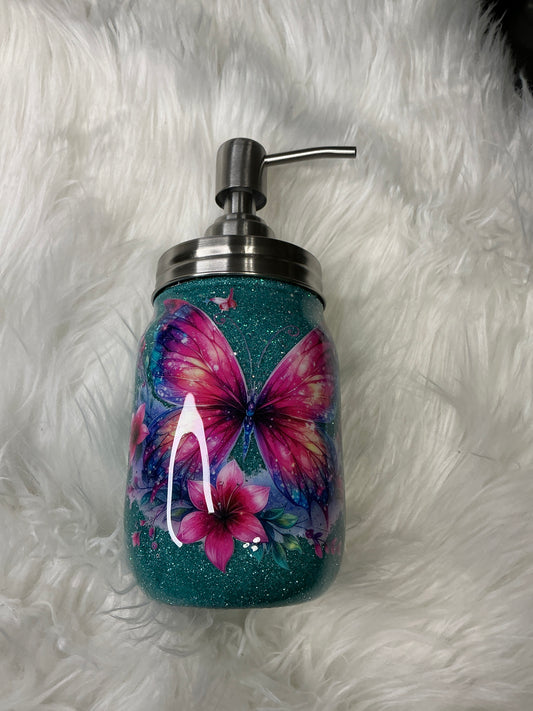 #622. 12 oz Soap or Lotion Dispenser -  Teal Glitter & Butterflies