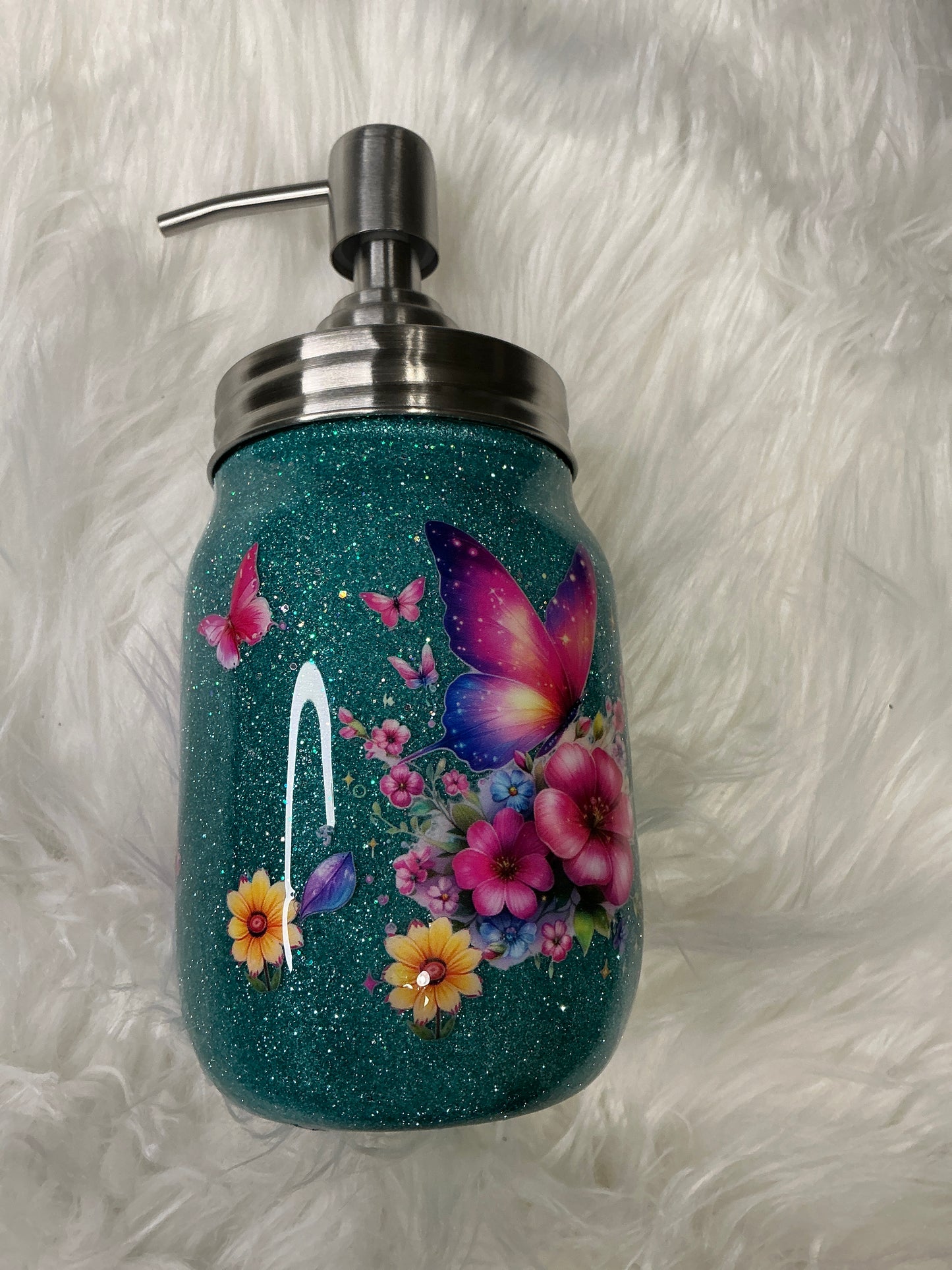 #622. 12 oz Soap or Lotion Dispenser -  Teal Glitter & Butterflies
