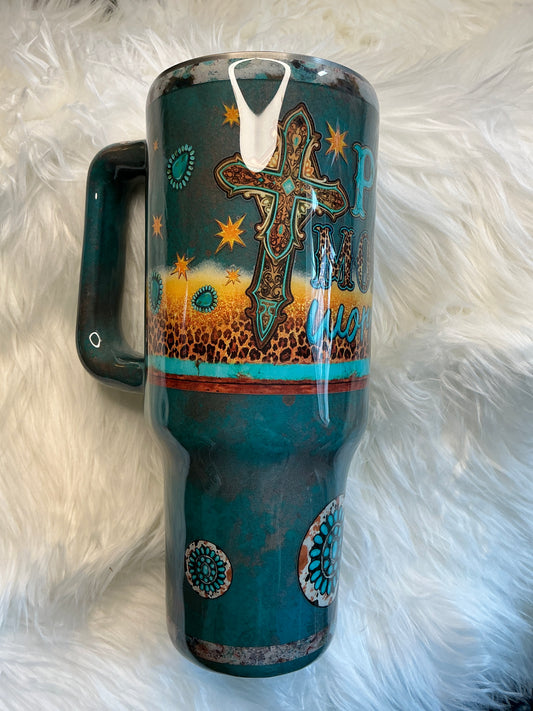 #4.  40 oz Traveler with a Western Patina - Pray More, Worry Less message