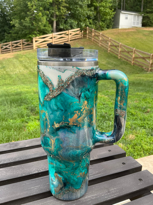 40 oz Traveler w/ Turquoise Ink Swirl, Foil Accents, & Fine Glitter