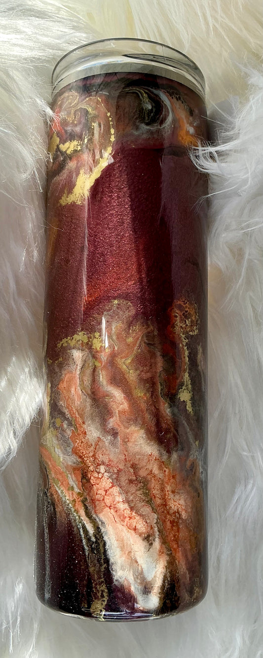 #324.    30 oz Skinny Burgundy Base with Orange, White, and Gold Swirl