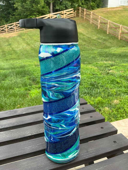 32 oz Tipsy Hydro Hombre Glitter Base with Blue Swirl &  Pinstripes