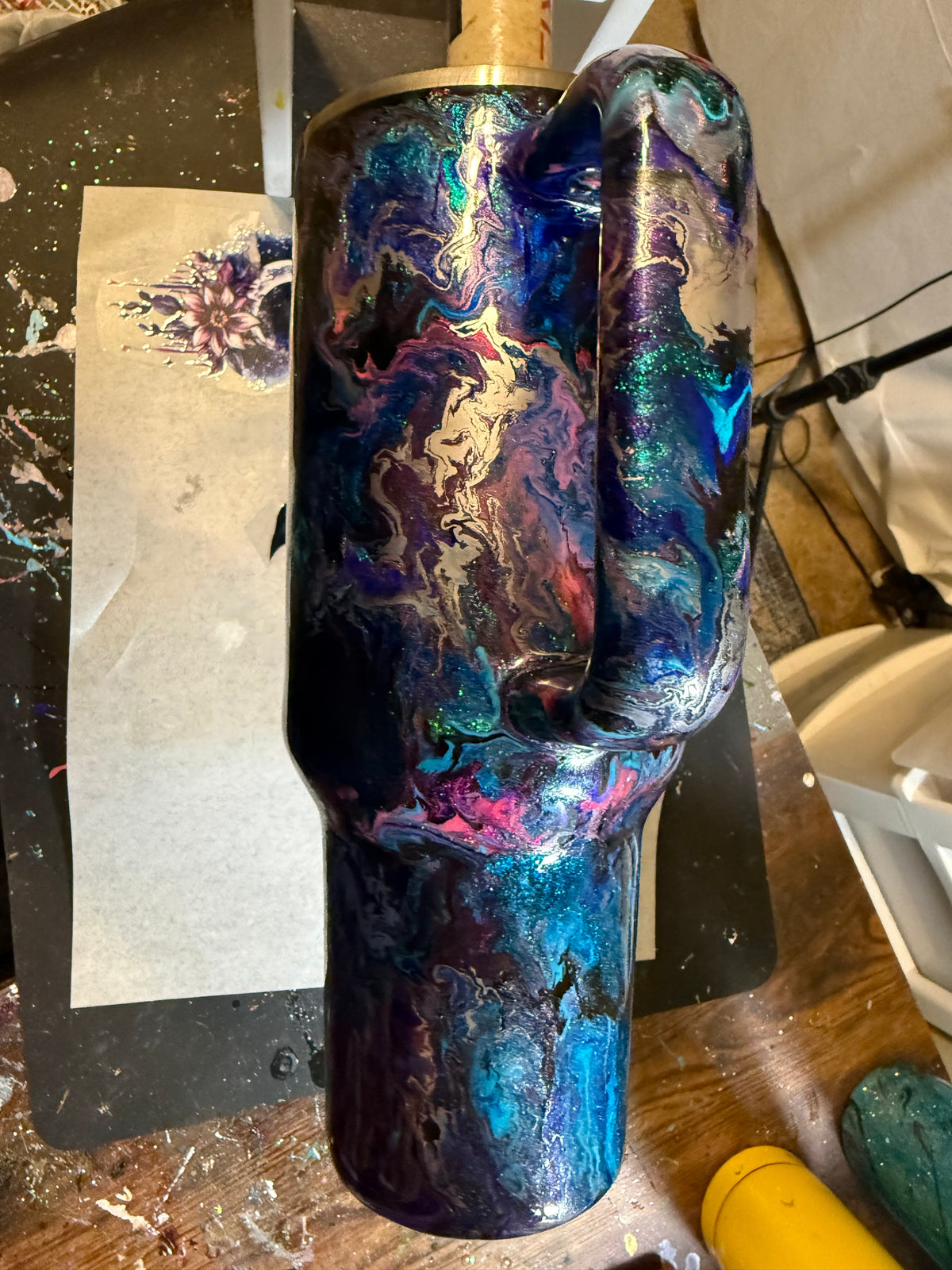 40 oz Traveler w/ Turquoise, Purple, & Pink Mash-Up Technique