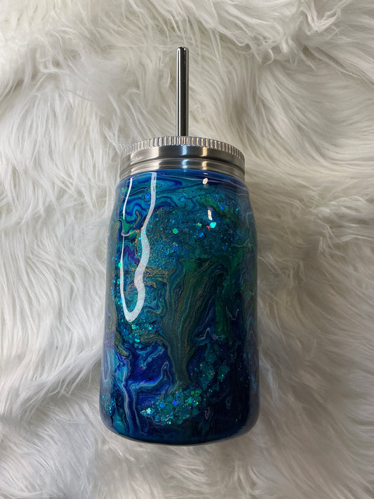 #635.  17 oz Mason Jar in Blue, Green, & Purple Swirl