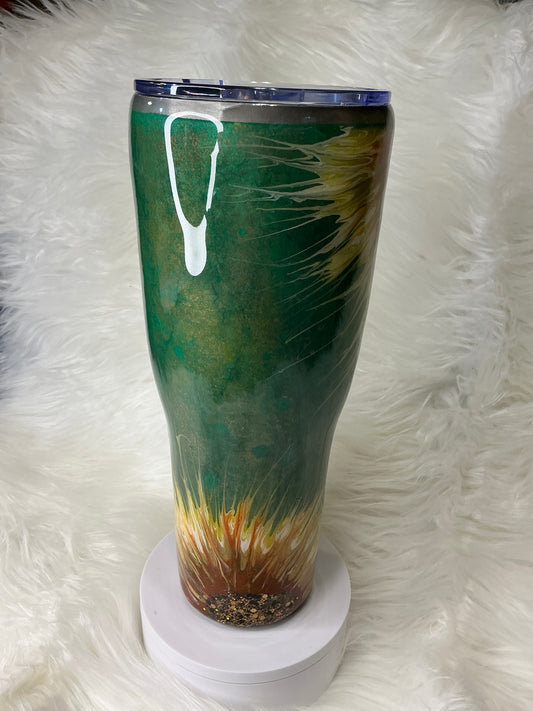#691.  40 oz Modern Curve in a Green Patina Sunflower
