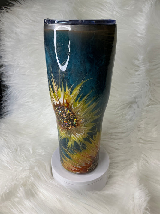 #688.  40 oz Modern Curve in a Teal Patina Sunflower