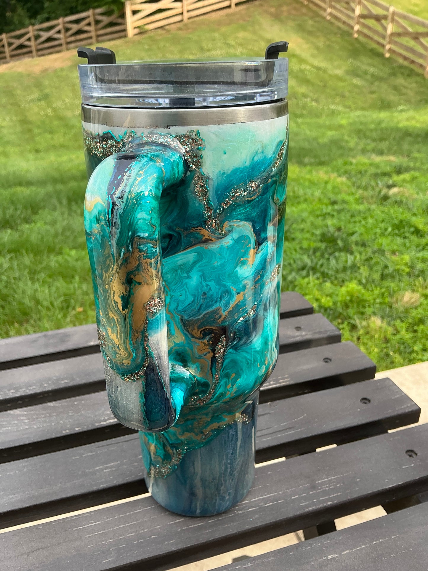 40 oz Traveler w/ Turquoise Ink Swirl, Foil Accents, & Fine Glitter