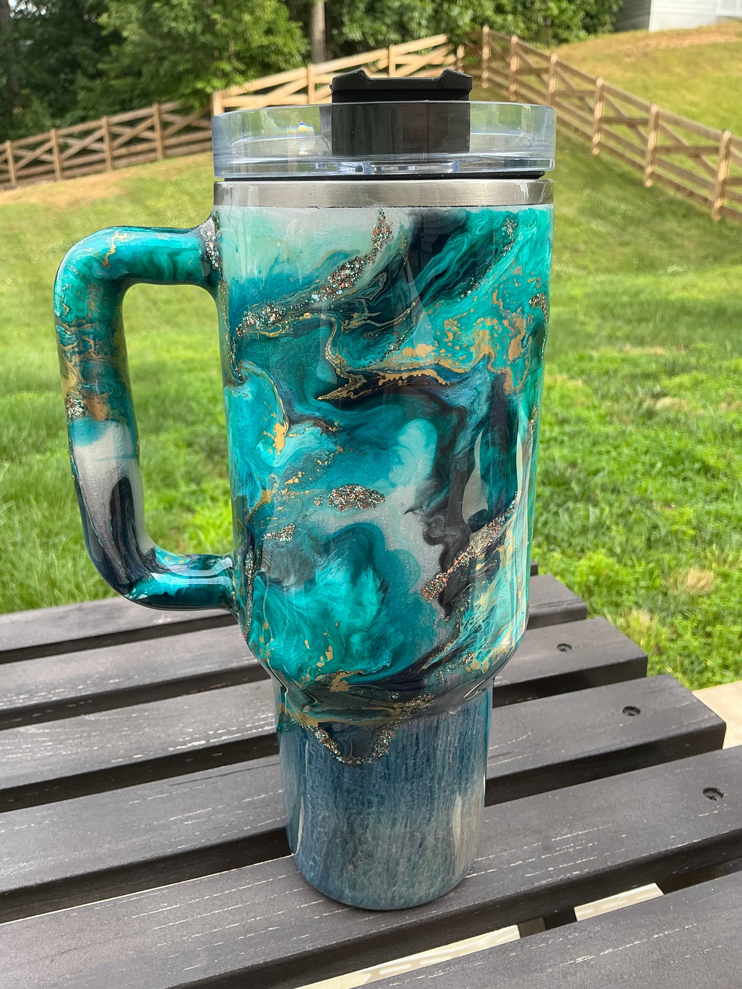40 oz Traveler w/ Turquoise Ink Swirl, Foil Accents, & Fine Glitter