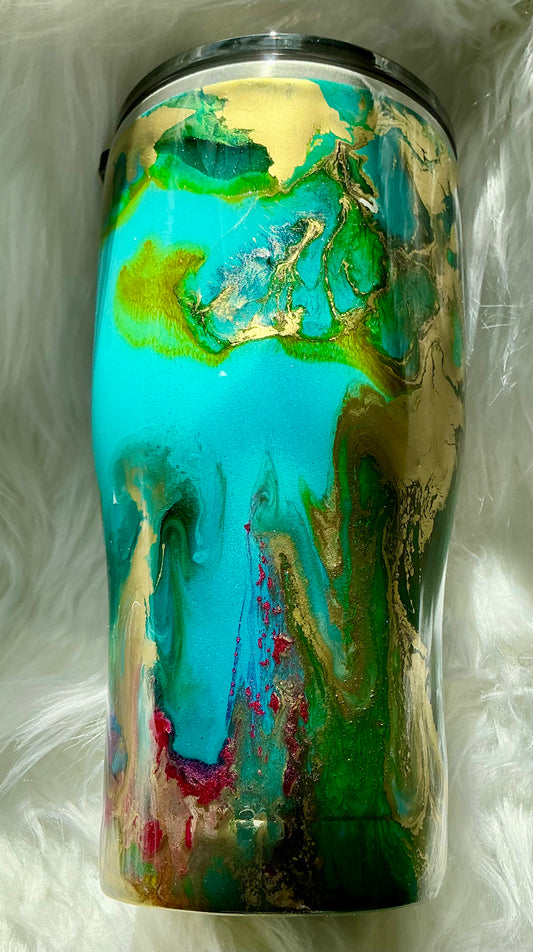 20 oz Modern Curve - Ink Swirl Turquoise Background & a Pop of Pink