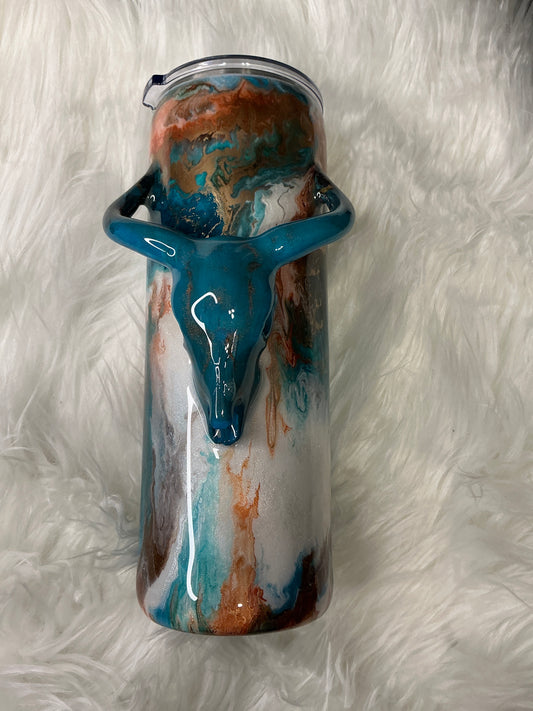 #625 20 oz Skinny - Western Marble with a Teal Skull