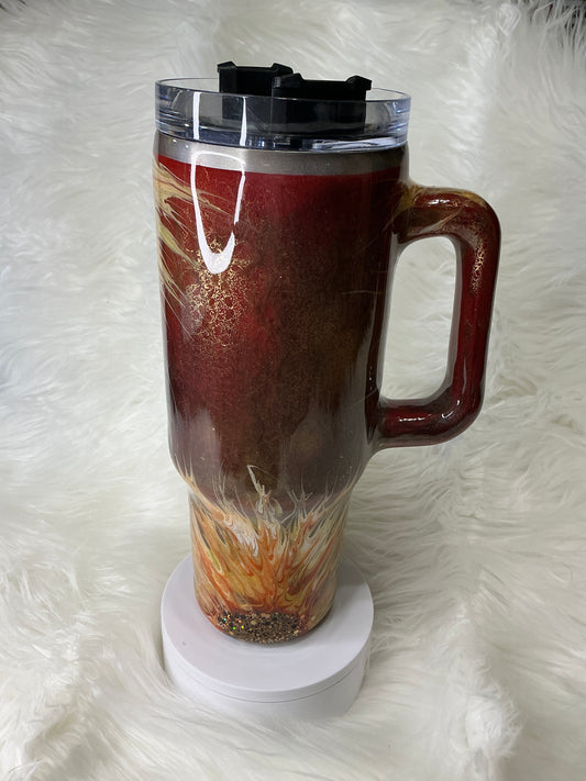 #689. 40 oz Traveler in a Burgundy Patina Sunflower