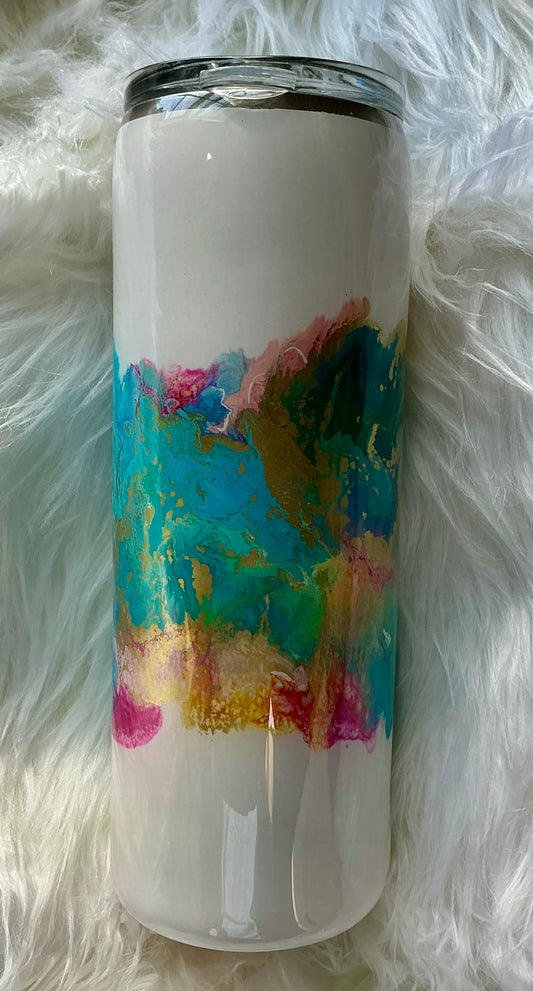 #108.    20 oz Skinny- White Base with Center Pastel Ink Swirl