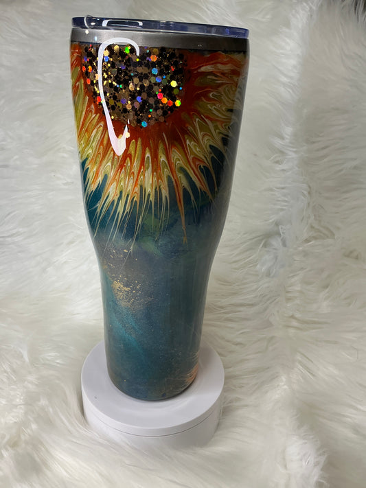 #687.  40 oz Modern Curve in a Teal Patina Sunflower