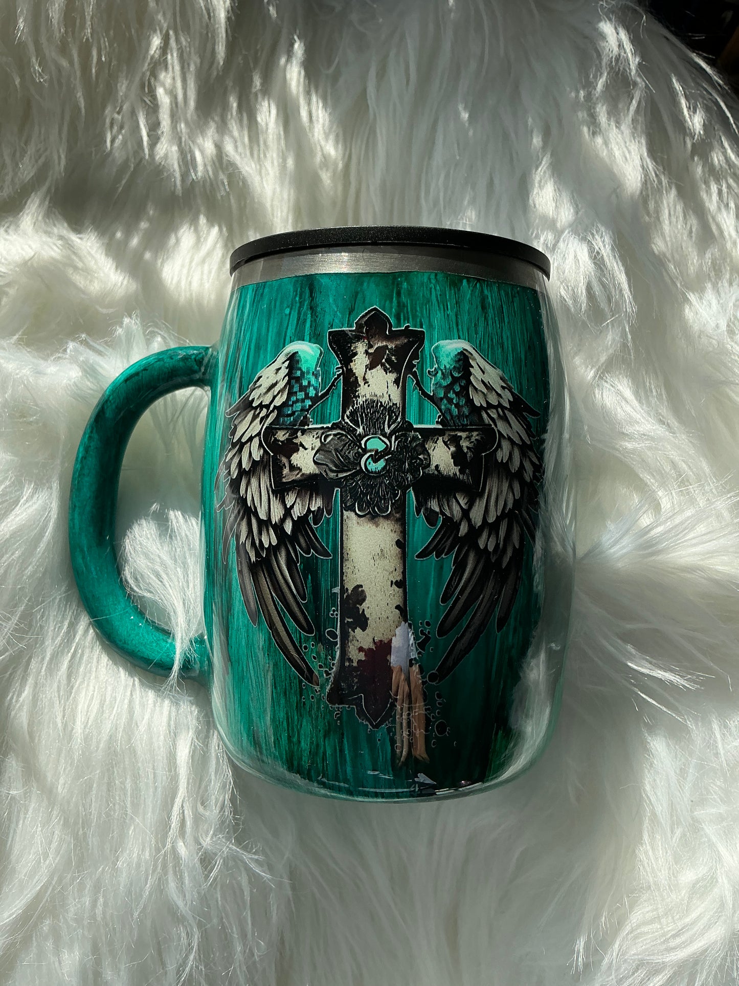 #205.   14oz Coffee Mug with Teal Woodgrain and Cross