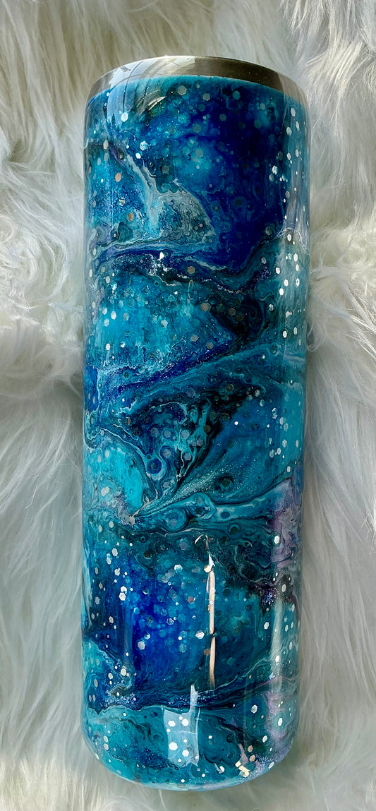 306.    30 oz Skinny - Cold Winter Night with Blues, Silver, and Glitter