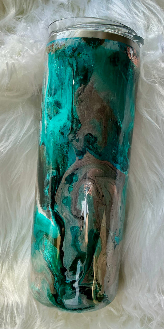 #110.    20 oz Skinny - Turquoise Ink Drop with an Animal Print Foil Base